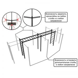 Схема бокового турника: Уличная шведская стенка рукоход 2 шт: 2 боковых турника и сетка У50066Кч.